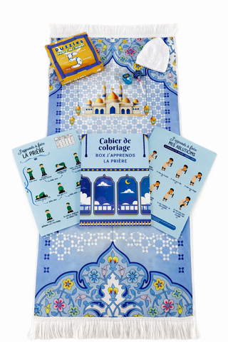 Box éducative ramadan pour enfant comprenant cahier de coloriage, livret pour apprendre la prière et les ablutions, puzzle des 5 piliers et tapis de prière. Ramadan bleu.